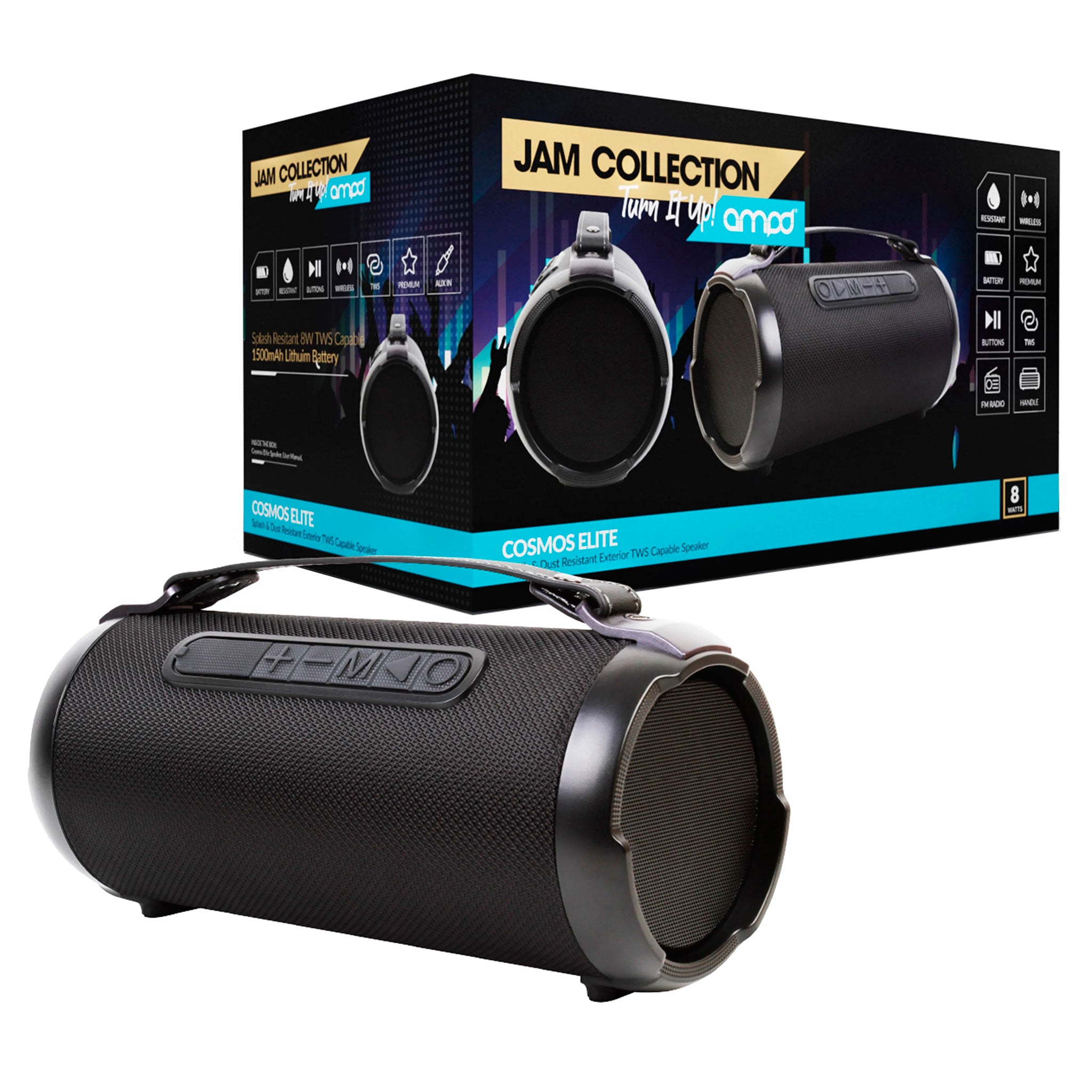 Ampd, Ampd - Cosmos Elite 9.5 Watt Bluetooth Barrel Speaker - Black